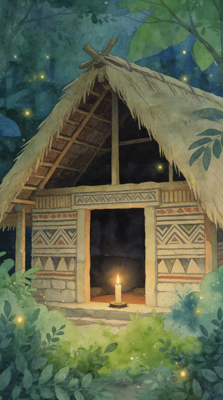 Una choza maya de noche, con una vela encendida en la entrada