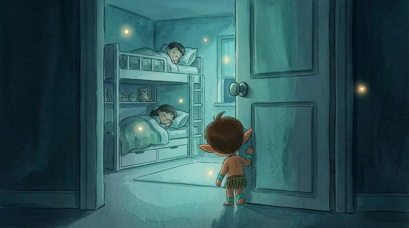 ALÜX3 en la puerta del cuarto donde duermen dos niños, con luciérnagas
