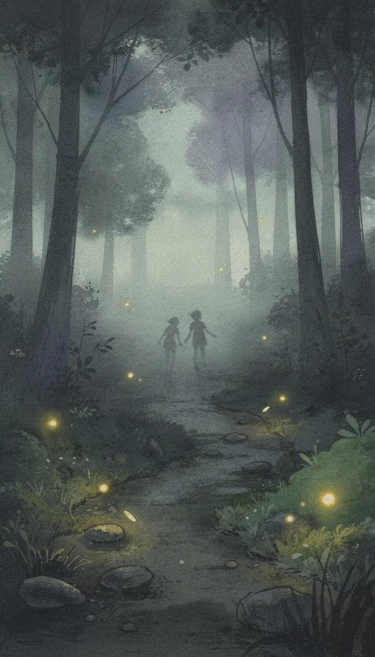 Un sendero en la selva de noche, iluminado por luciérnagas